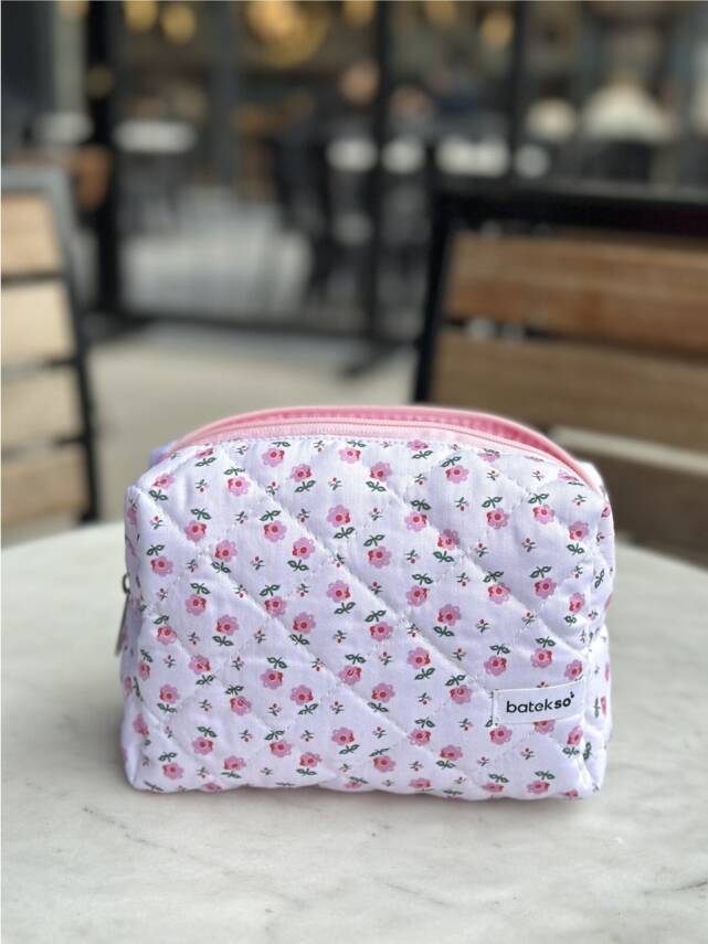 Minik Pembe Çiçek Desenli Makyaj Çantası - Büyük Boy - 2