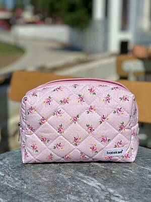 Batekso Toz Pembe Gül Desenli Makyaj Çantası - Büyük Boy