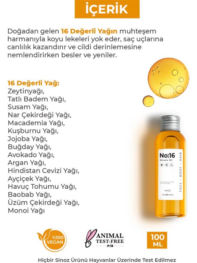 No:16 Nemlendirici Besleyici Yenileyici Işıltı Verici Mucizevi Onarıcı Bakım Yağı 100 ML - 3